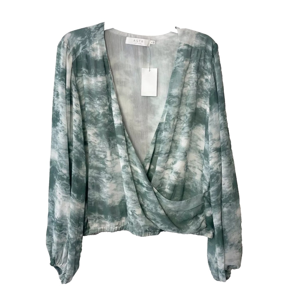 ASTR Sage Tie Dye Surplice Neck Blouse Top Womens XL Green Balloon Sleeve NEW